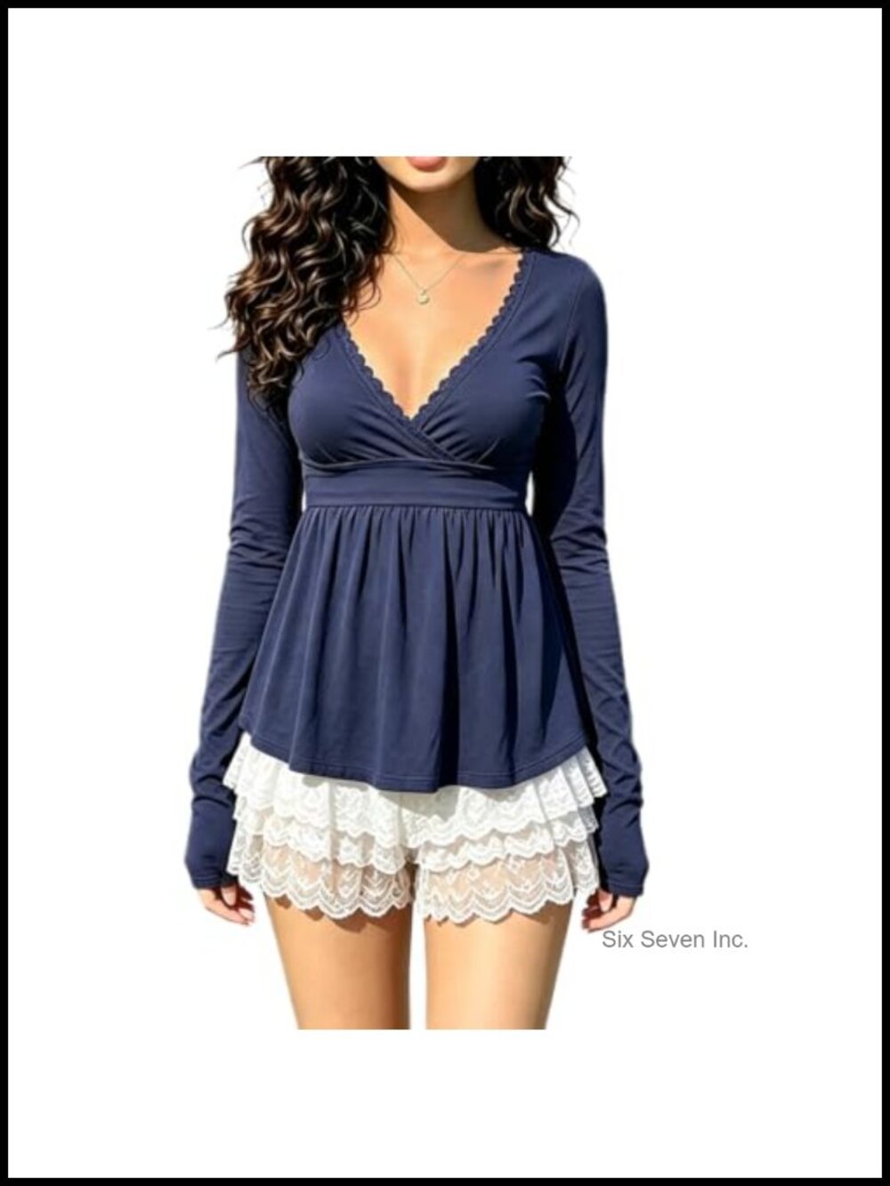 Long Sleeve V Neck Babydoll Peplum Blouse Lace Trim Top